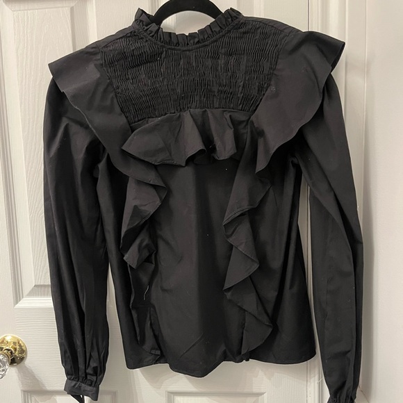 Zara Black Ruffle Smocked Long Sleeve Blouse Top - Picture 4 of 10